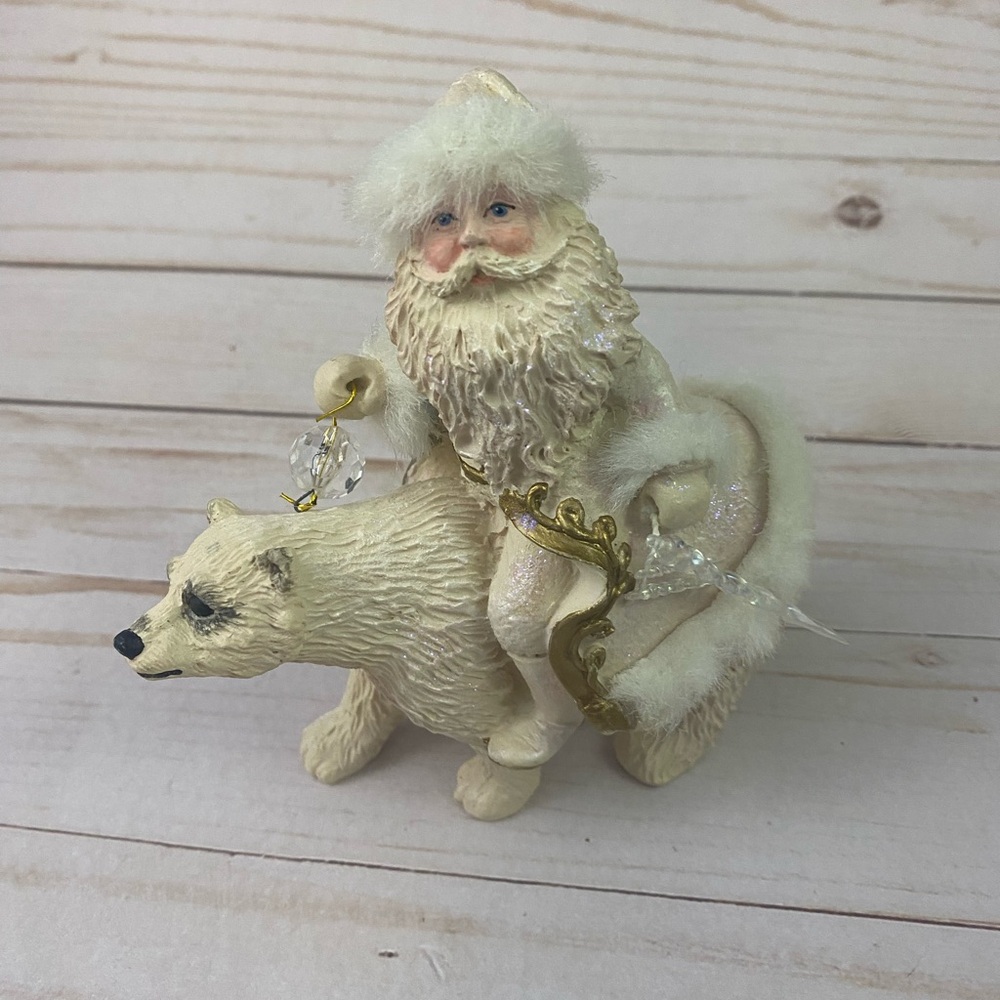 Kurt Adler Santa Claus Riding Polar Bear Figurine Resin Faux Fur Trim